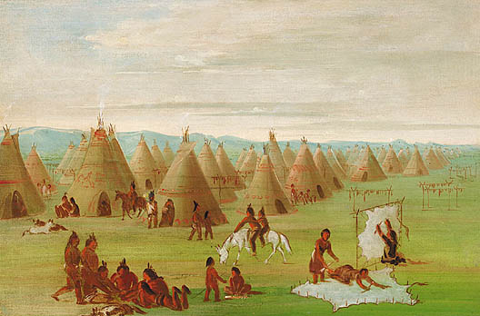 Image of George Catlins 1834-35 painting Comanche Village, Women Dressing Robes and Drying Meat. This painting depicts a Comanche village where women are stretching buffalo hides. Numerous wigwams are shown in the background. 