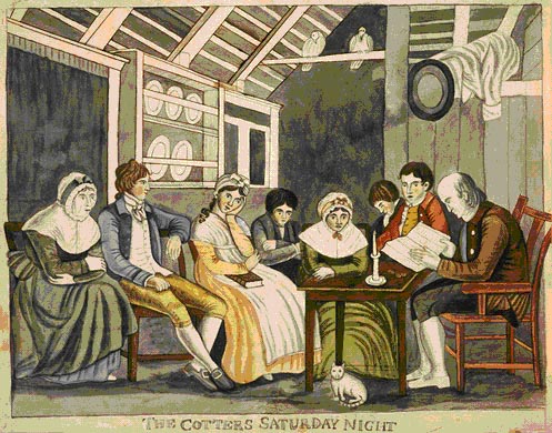 Image of Eunice Pinneys 1815 The Cotters Saturday Night. This pen and watercolor painting depicts people sitting around a table. With book open and the room illuminated by candle light, the others listen as the eldest male reads from a book.