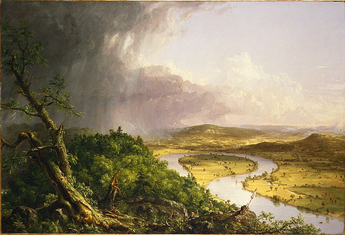 Image of Thomas Cole's 1836 painting 'View from Mt. Holyoke, Northampton, Massachusetts after a Thunderstorm - The Oxbow'. This landscape painting visualizes the struggle between the wilderness and encroaching civilization. 
