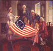 Betsy Ross displaying the Old Glory Flag before General Washington, George Ross, and Robert Morris.
